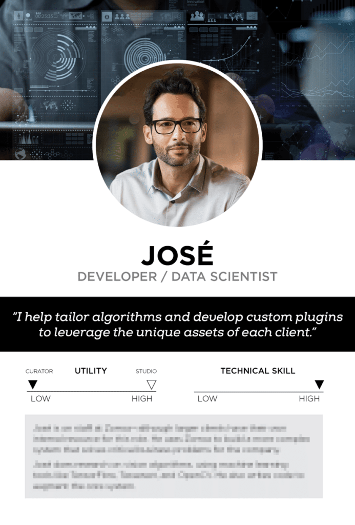 José is a developer and data scientist persona card. His quote is "I help tailor algorithms and develop custom plugins to leverage the unique assets of each client".