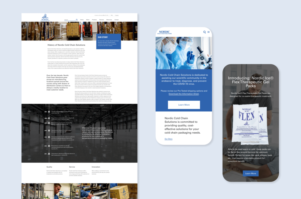 Nordic Cold Chain website page design examples, featuring mobile and desktop views.