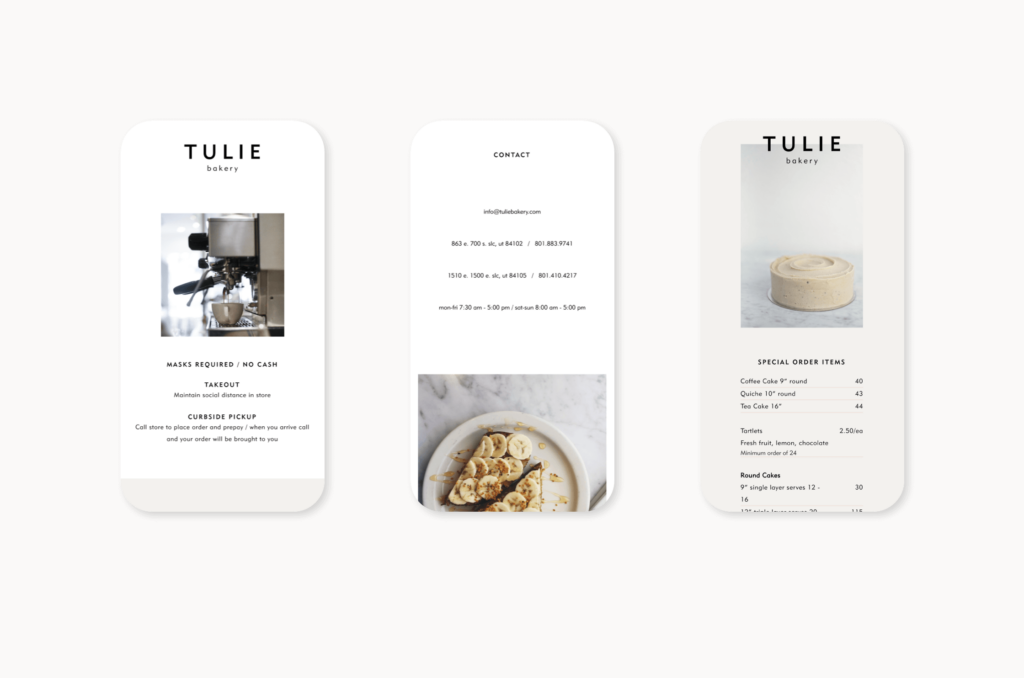 Tulie bakery website design,  pages showing mobile views.