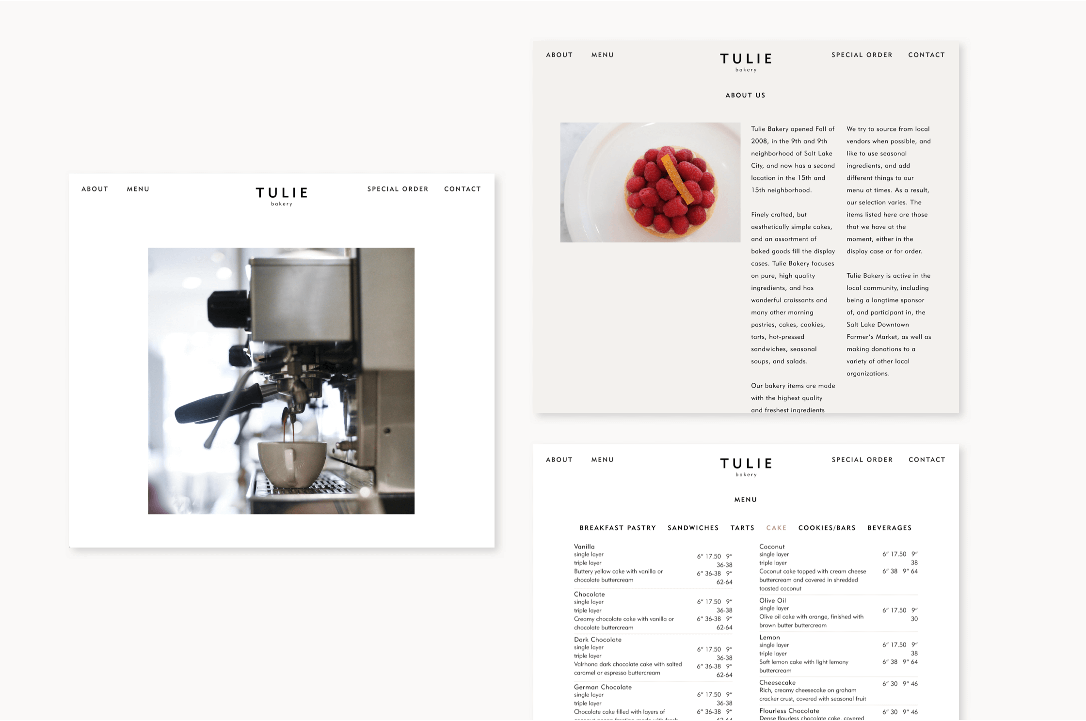 Tulie bakery website design, pages showing desktop views.