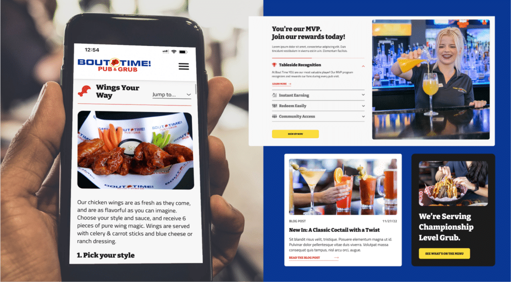 Graphic elements from the The Bout Time Pub & Grub website. Photograph of a cell phone in someones hand, showcasing the beautiful designs on the website.