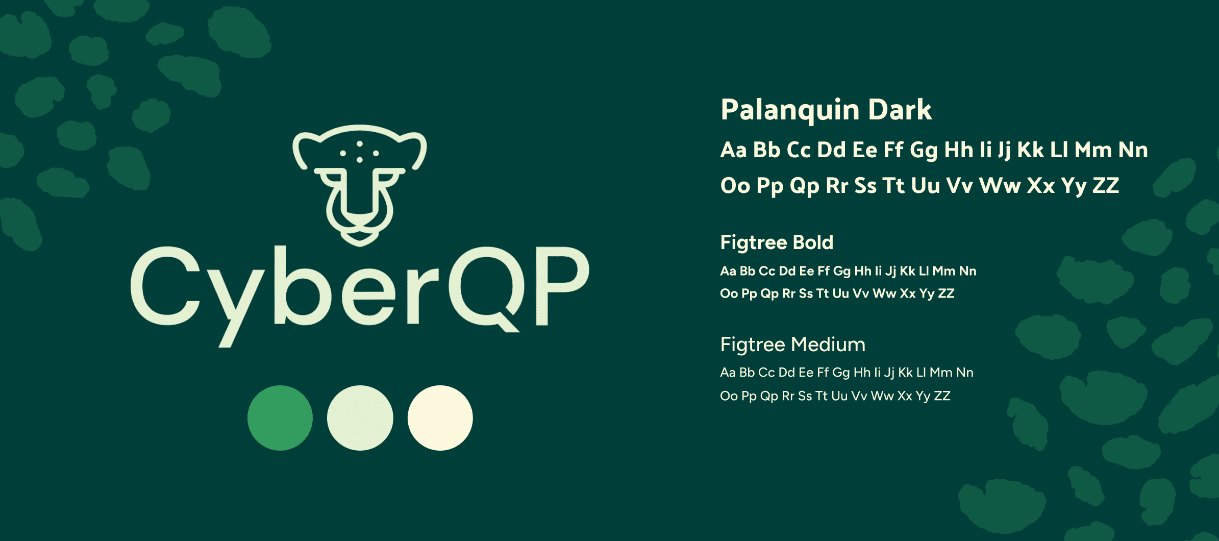 The CyberQP logo on Jungle Shadow green, with vector cheetah spots and type samples.