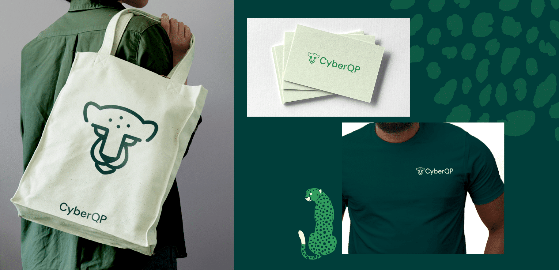 Tote back, business card and detail of a t-shirt with CyberQP branding. Green vector cheetah.