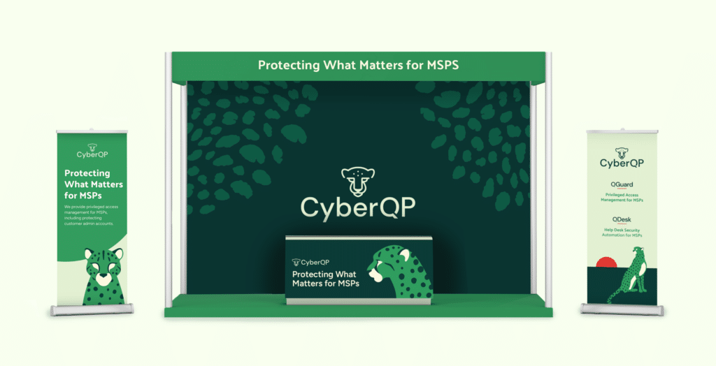 Trade-show booth and banners with CyberQP branding; including green vector cheetahs.