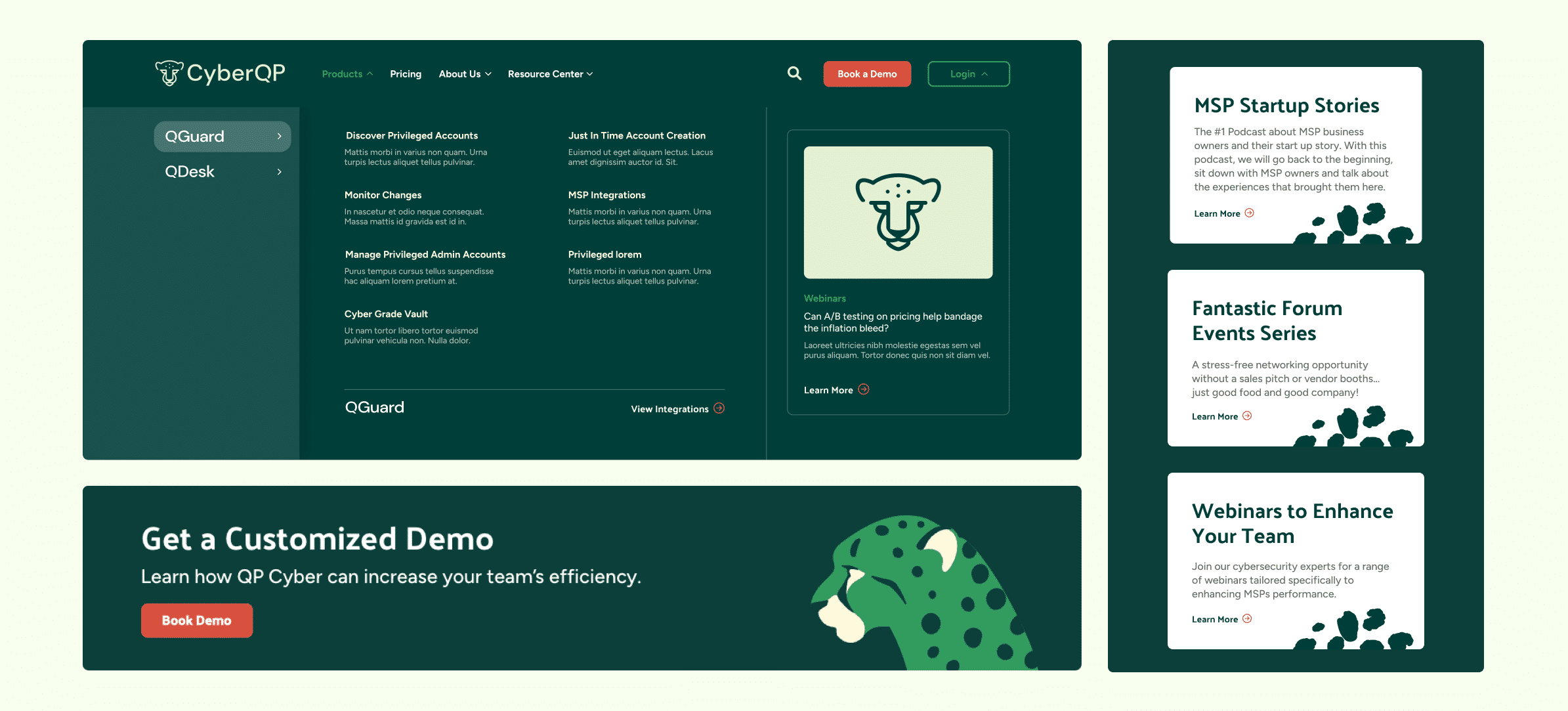 Three pieces from the CyberQP website, showcasing well-designed and on-brand features.
