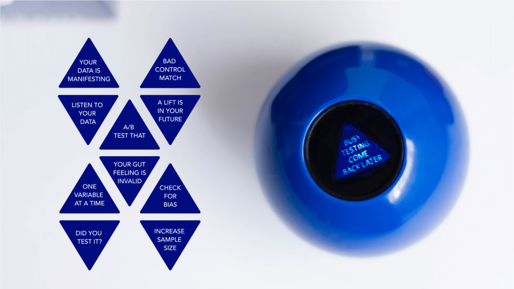 A Marketdial branded magic 8 ball. Graphic element showcasing the customized answers created by the designers.