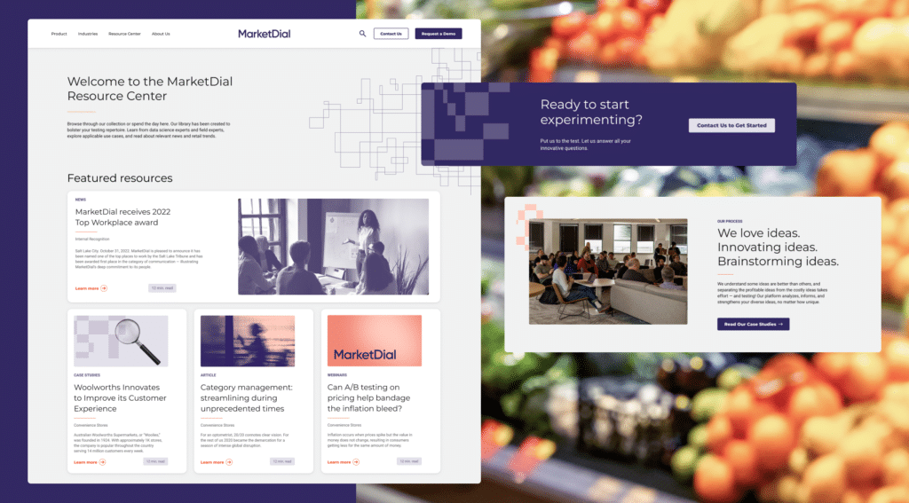Graphic elements from the Marketdial website. Blurred photo of produce in the background.