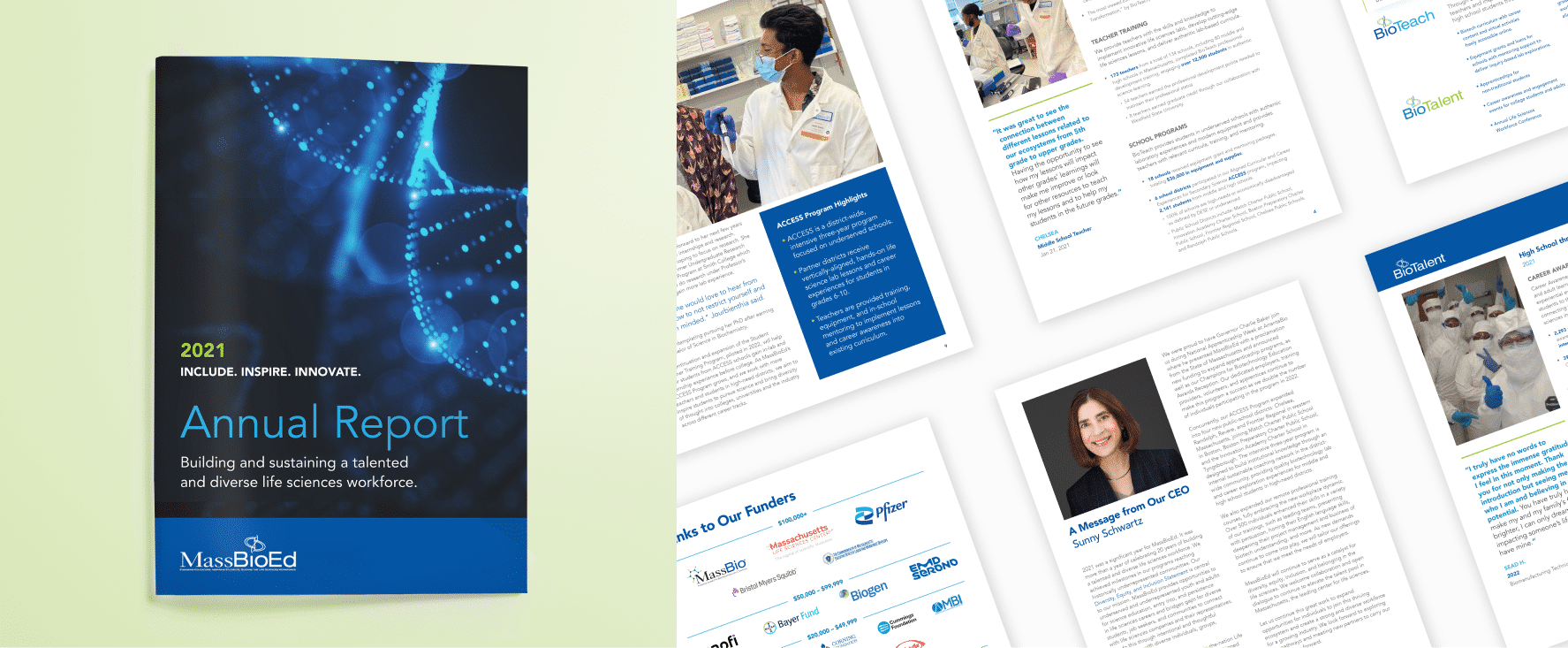 The cover and interior design for an annual report; well-designed and visually appealing.