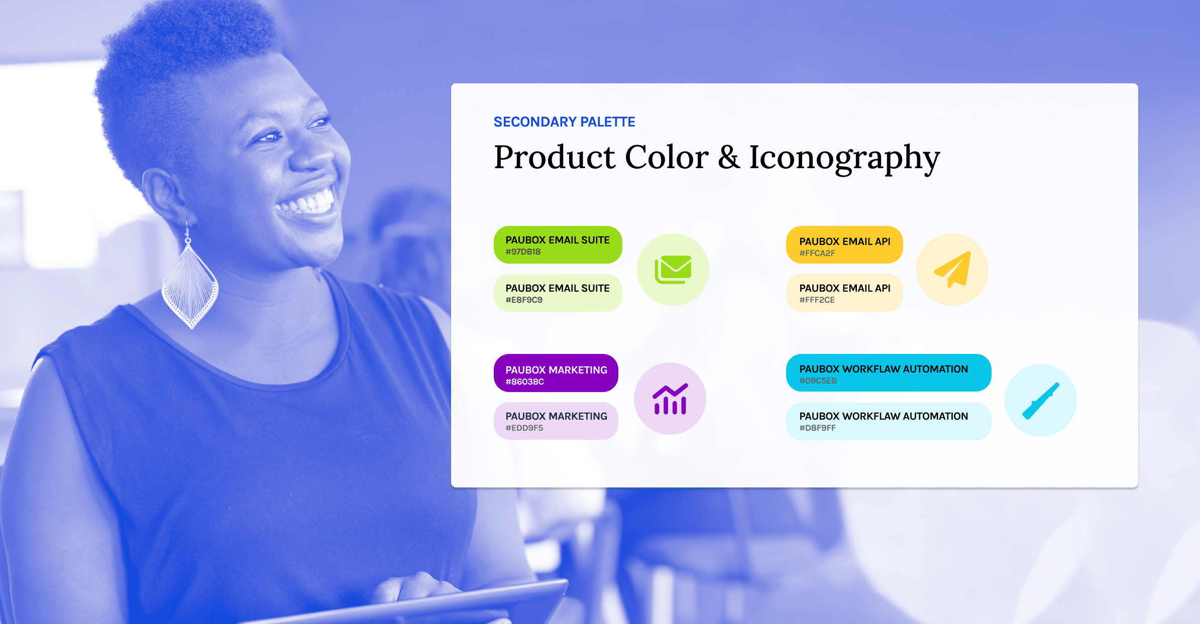 A graphic showcasing the product color and iconography set made for the Paubox brand. It is overlaid over picture of smiling woman.