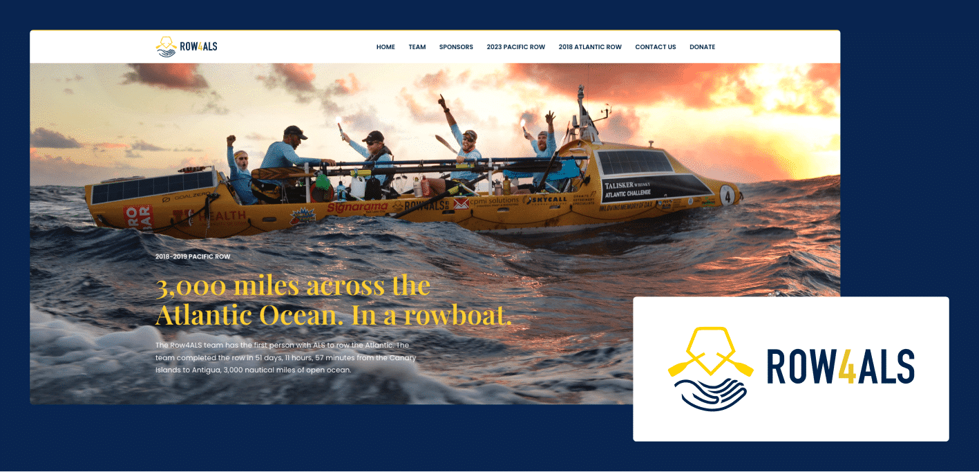 Image of header of website, showcasing a photograph of men cheering on a boat at sea. Row4ALS logo.