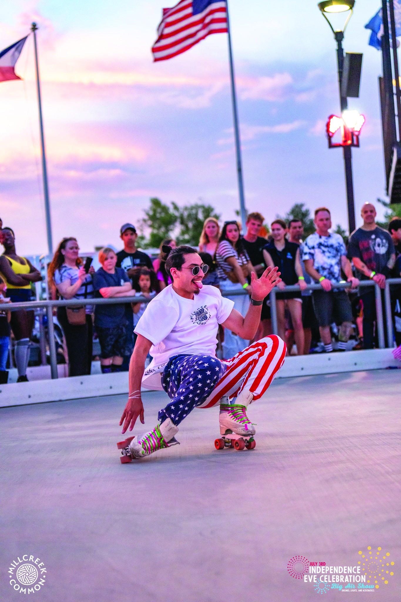 Man roller skaying in American flag pants at Millcreek Commons