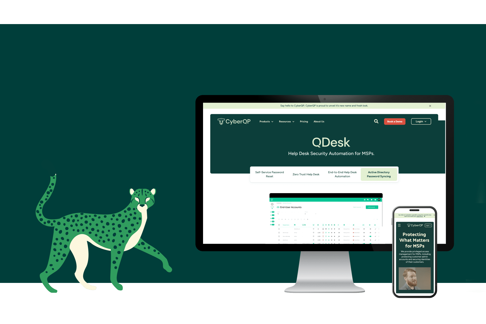 CyberQP graphics featuring their green cheetah and their website on a desktop and mobile phone