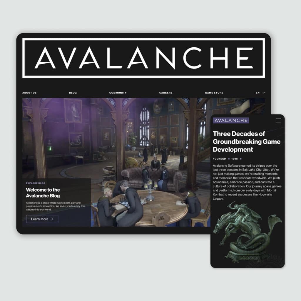 Desktop and mobile views of Avalanche Software website