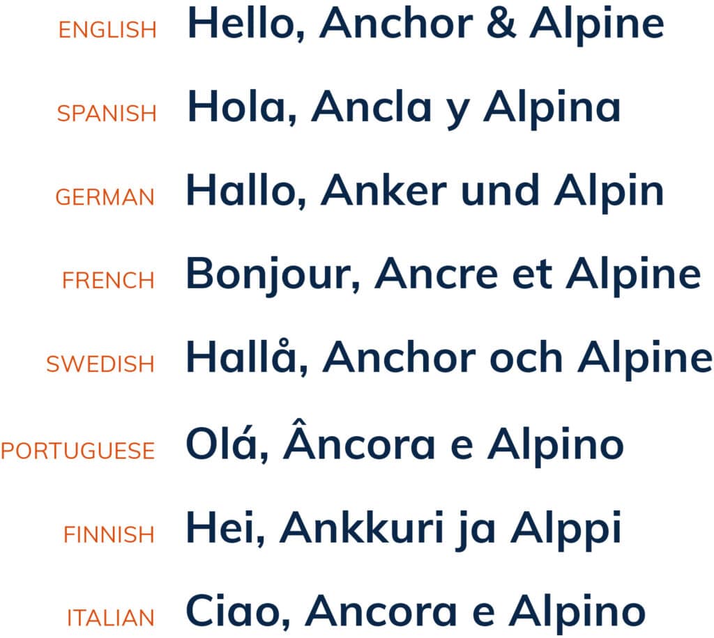 The words Hello, Anchor & Alpine spelled out in 7 different languages